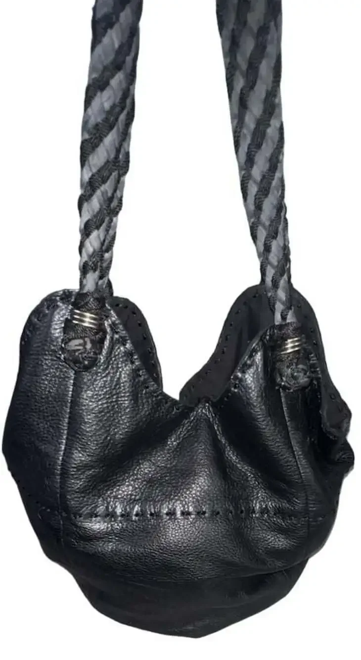 The Sak Black Leather Slouchy Bucket Hobo Shoulder Bag with Braided Strap
